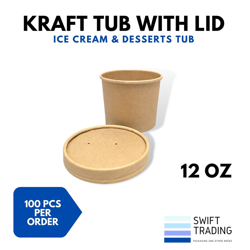 [ 12oz ] Kraft Paper Tub w/ lid (100pcs) Ice Cream Cup Soup Takeout Box ...