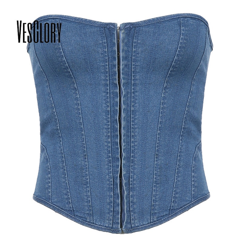 VesGlory Women's Fashion U-neck Fishbone Slim Straps Solid Color Denim ...
