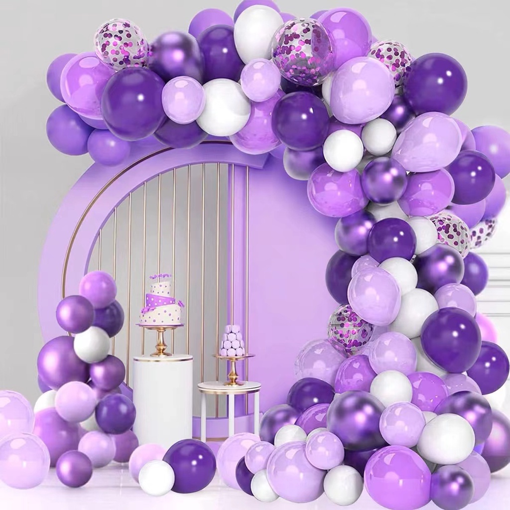 Purple White Theme Balloon Set Confetti Latex Balloon Birthday Party
