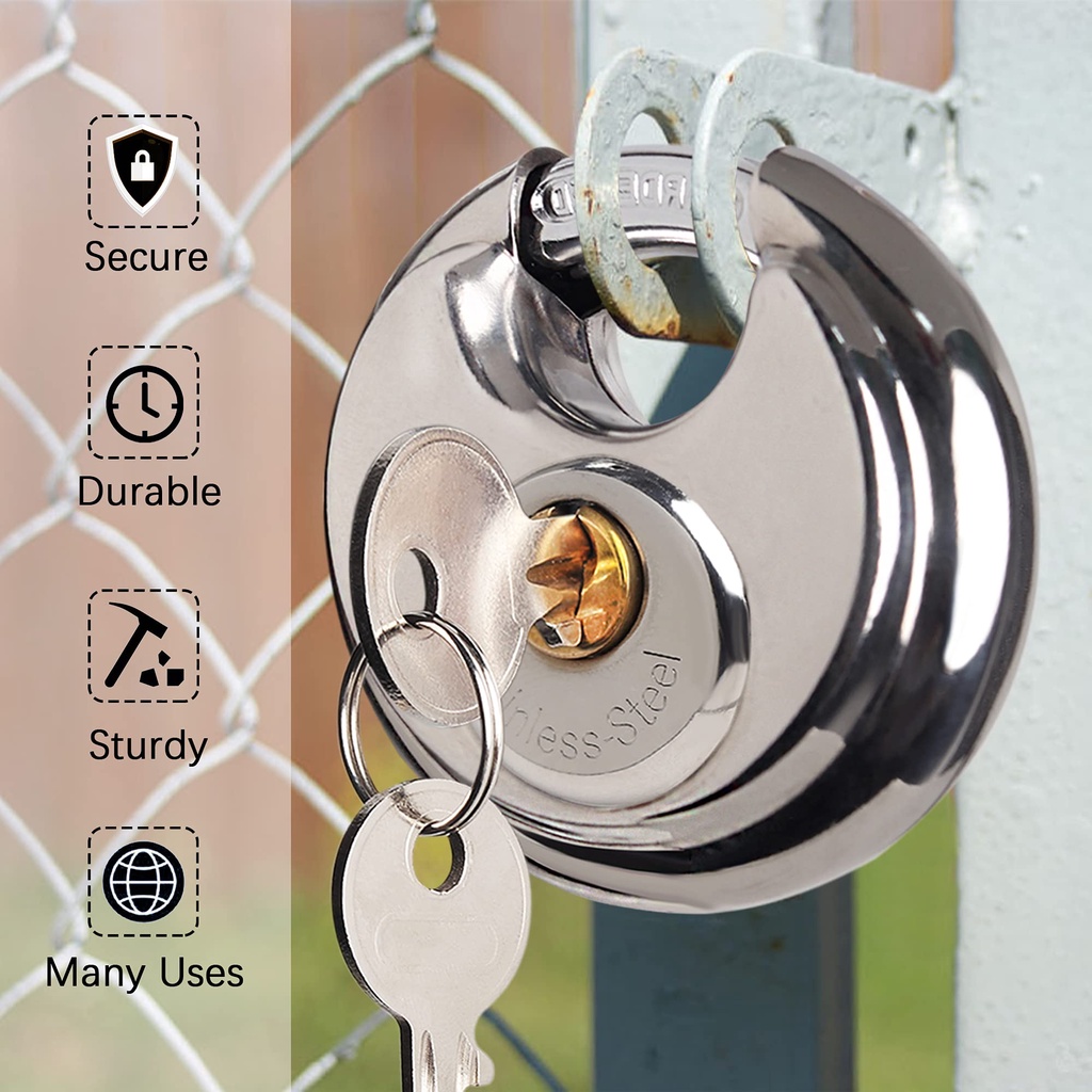 Disc Padlock with 2 Keys Stainless Steel AntiTheft Large Round Disc Lock for Warehouse Door