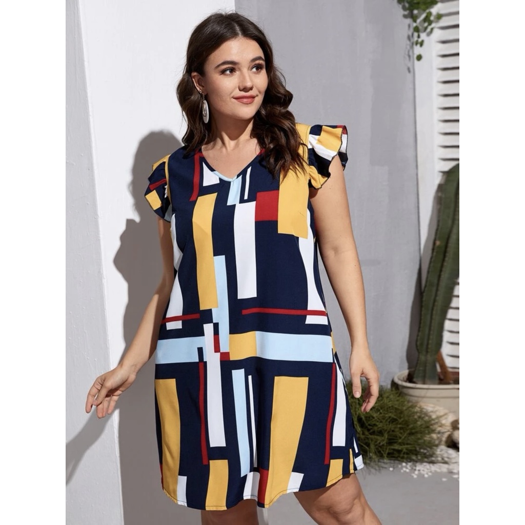 A3102 Uyua Ruffle Sleeve V-neck Geometric Pattern Plus Size Dress ...
