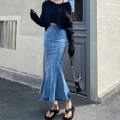 Women Fishtail skirt Mermaid Skirts Spring Casual Waist Maxi Long Jean Skirt