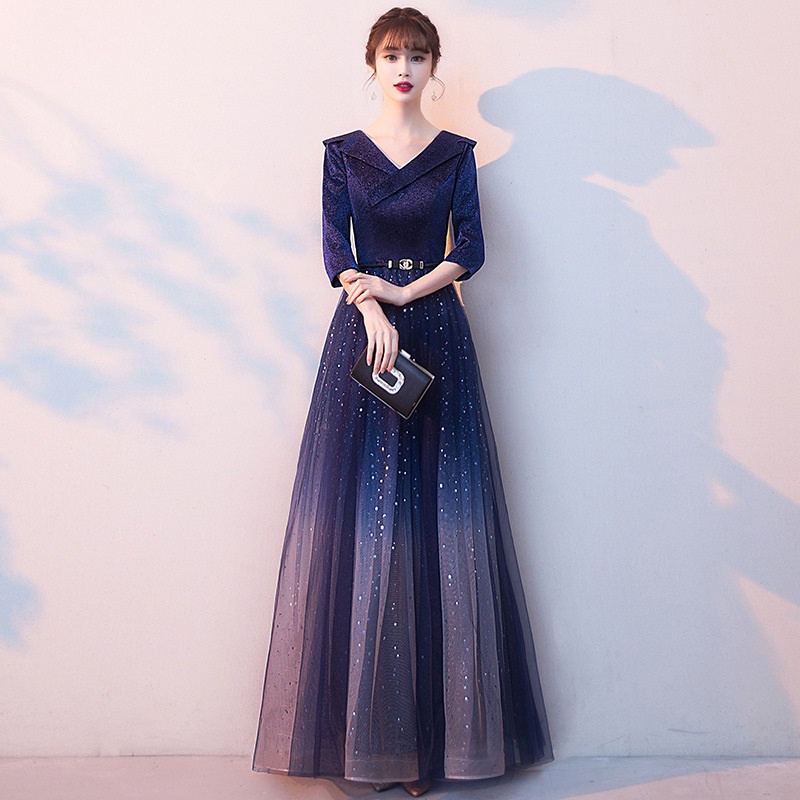 Elegant Navy Blue Starry Sky Banquet Evening Dress Temperament Mid Sleeve  Suit Collar Slim Mesh Dresses Dinner Host Gown | Shopee Philippines