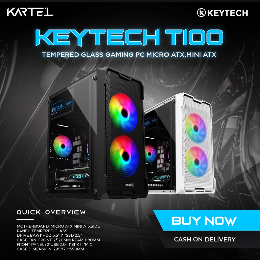 KEYTECH T100 TEMPERED GLASS Side MESH Front panel, Gaming PC Case Black