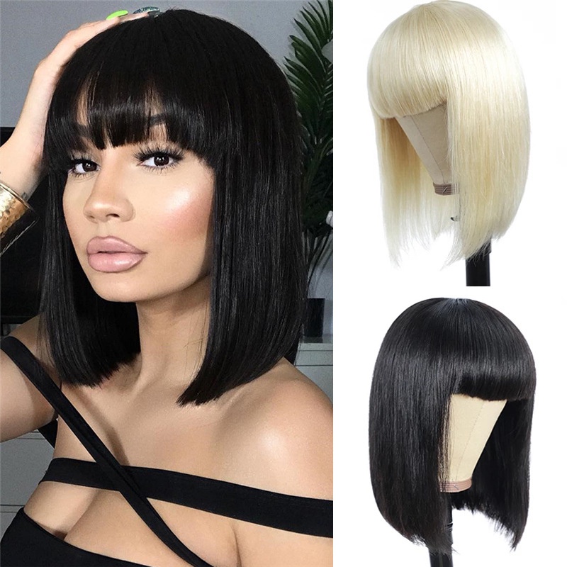 Wig Female Short Hair Straight Bangs Bobo Head Short Straight Hair Wig Head Cover Female 6831