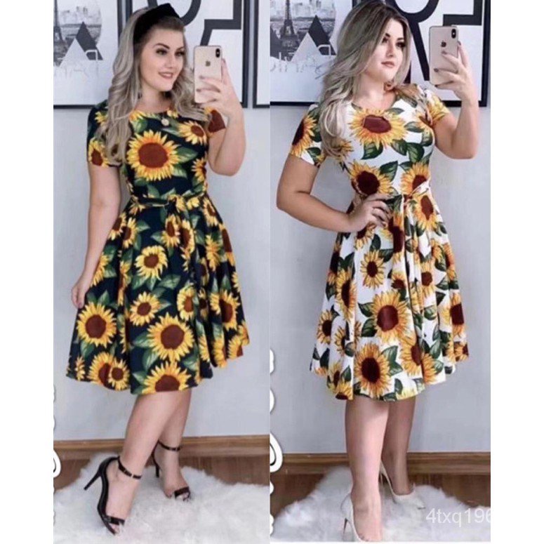 SSFASHION FASHION 2625 PLUS SIZE SUNFLOWER PRINT BELTED FORMAL DRESS |  Shopee Philippines