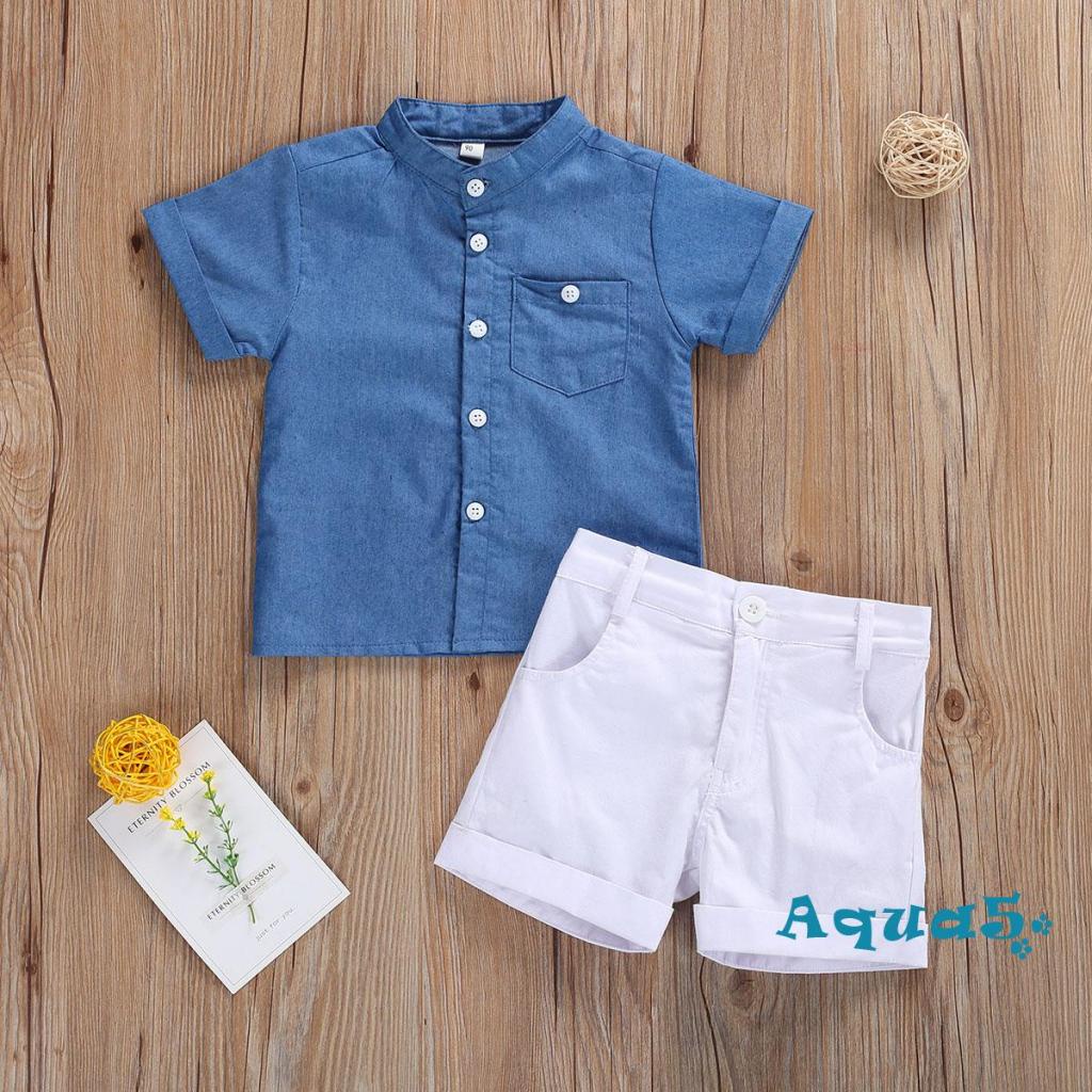 Summer Children Kids Boy's Clothes Blue Strips Shirt Bib Shorts 2Pcs/Set Gentleman Baby Toddler Tracksuits 0-5 Years