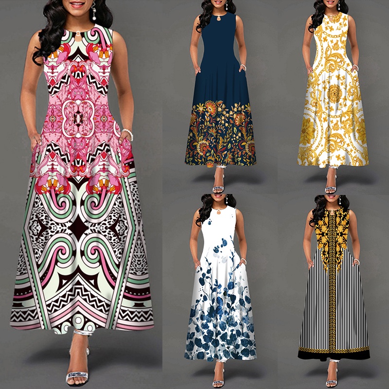 Summer casual printed maxi dress boho retro dress ankle plus size dress Shopee Philippines