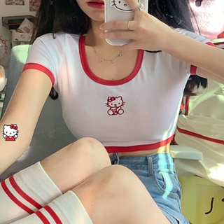 Sanrio Hello Kitty Crop Tops Women Summer Slim T-shirt Y2k Trend Clothes  Short Sleeve Tees