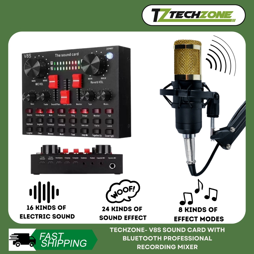 TECHZONE V8S Sound Card with Bluetooth Professional Recording Mixer