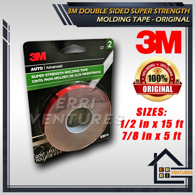 3M Super Strength Molding Tape – 1/2 In X 5 Ft – 2 Pack – Resists Moisture, UV & Solvents – Model 03609