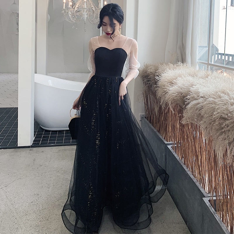 Black Starry Sky Banquet Evening Dress Elegant Mid Sleeve Beaded Decor Slim  Mesh Dresses Annual Dinner Host Party Gown
