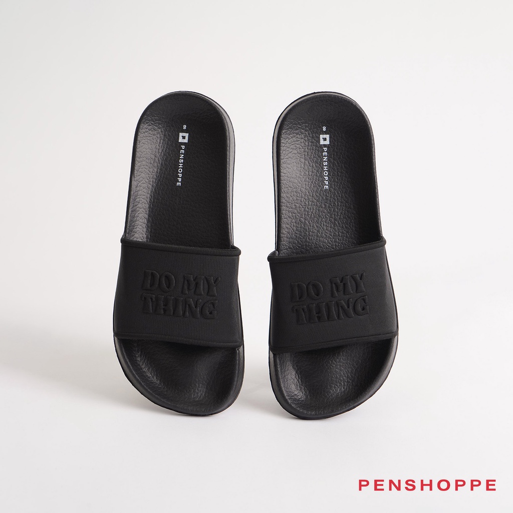 Penshoppe Neoprene One Band Slides Slippers With Text For Men Black