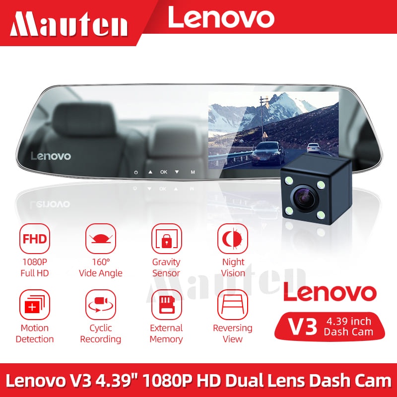Lenovo V3 1080P HD Dash Cam 4.39 Inch Dual Lens Rear View Mirror Dash