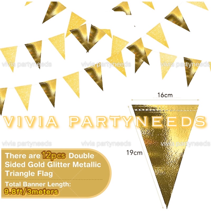 3M Gold Glitter Triangle Flag String Banner Garland Birthday Wedding ...