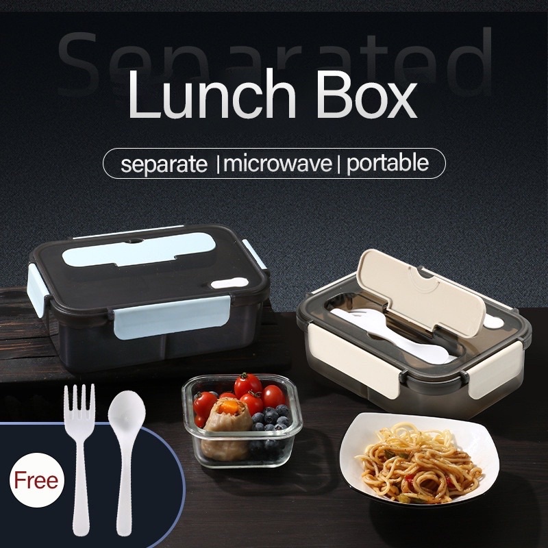 Lunch Box Microwaveable with Fork & Spoon 3 Grid Student lunchbox ...