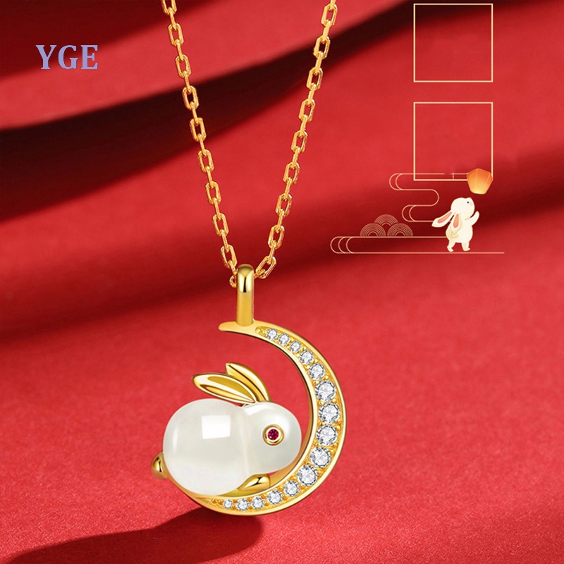 Natural Stones White Jade Moon Rabbit Gold Necklace 2023 Chinese Zodiac ...