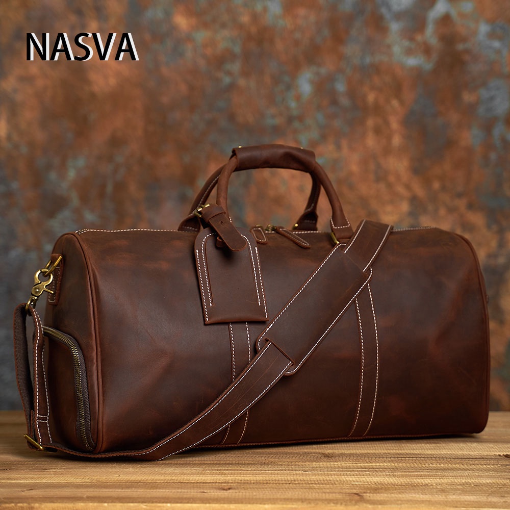 Nasva Retro Men's Hand Duffel Bag European American Crazy Horse Leather  Business Travel Bag First Layer Cowhide Large-Capacity Shoul