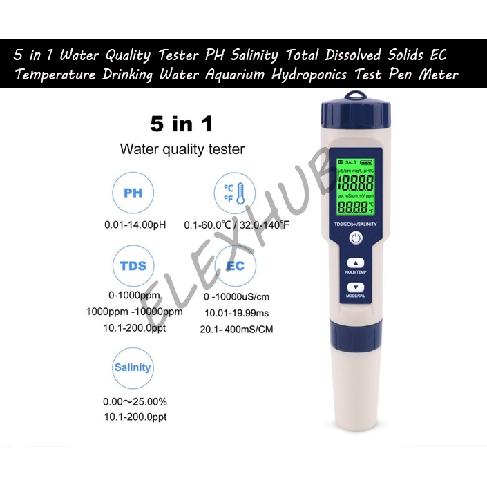 5 in 1 PH meter water quality tester TDS/EC/PH/salinity/thermometer