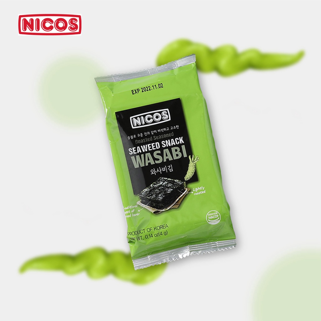 NICOS ROASTED SEASONED SEAWEED SNACK 4g x 3Pcs ( KOREAN BBQ / GREEN TEA