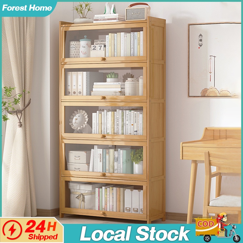 Wooden Bookcase with Door 2/3/4/5/6 layer Display Bamboo