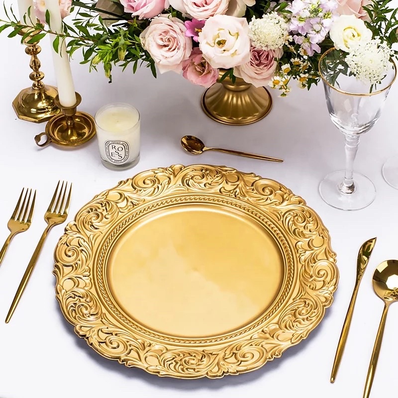 Supernal 12pcs Gold Plastic Charger Plates,13inch Round Reef Plate Chargers For Dinner Gold Chargers With Flora Reef Design For Dinner Wedding Party Decoration - View #8