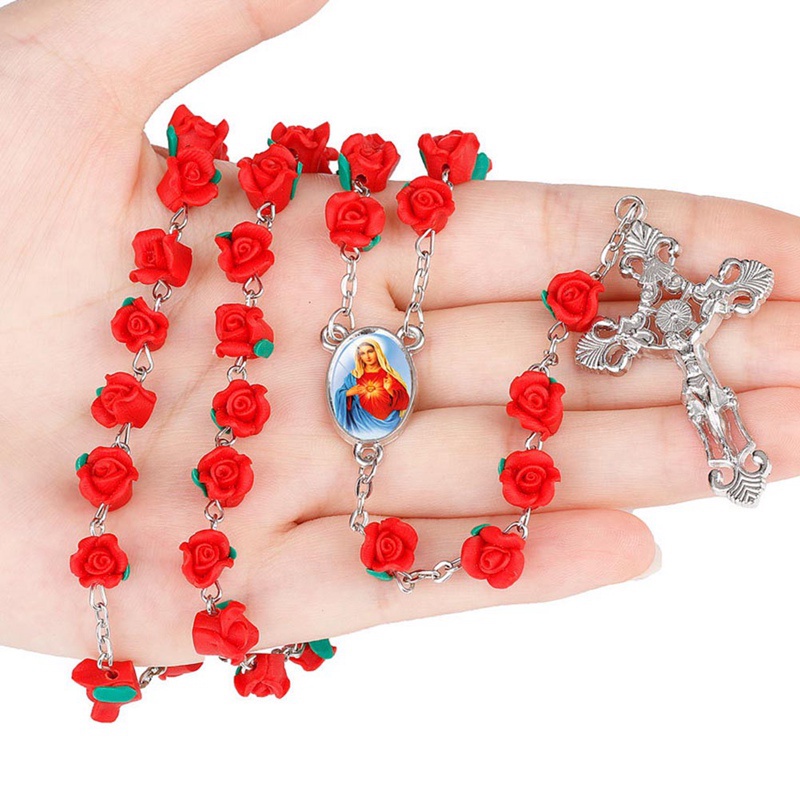 FANCY 8mm Polymer Clay Rose Beads Rosary Catholic Necklace With Holy ...