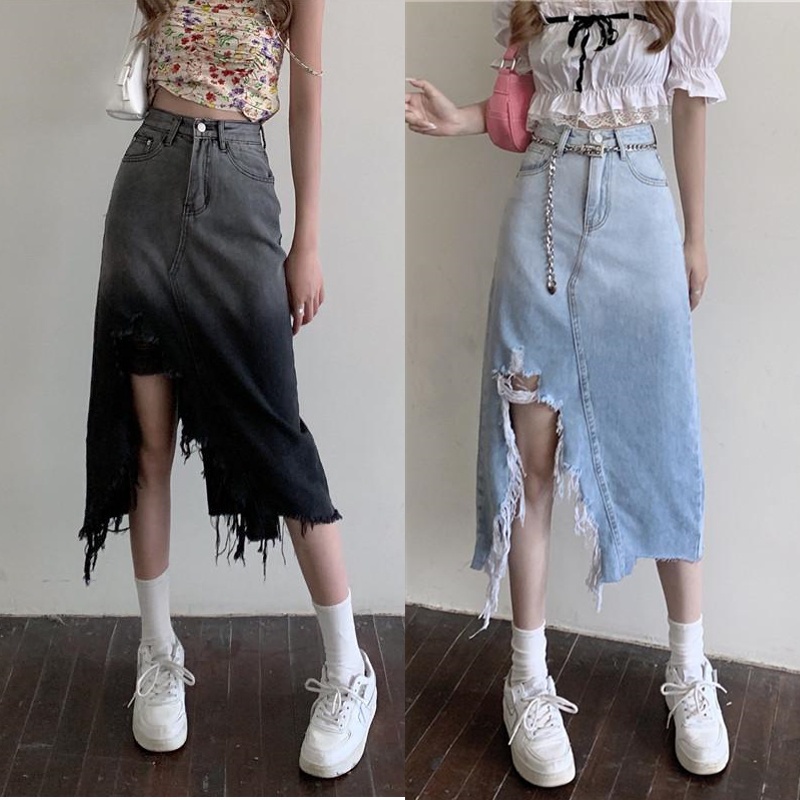 Plus Size S 4XL Women Ripped Long Denim Skirt Spring Summer Autumn Fashion Casual Gradient Side slit Asymmetrical Slim High Waist Jean Midi Skirt