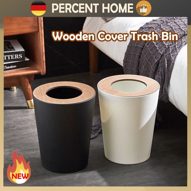 Trash Bin with Wooden Cover Modern Home Wastebasket Recycling Bins Household garbage bin White