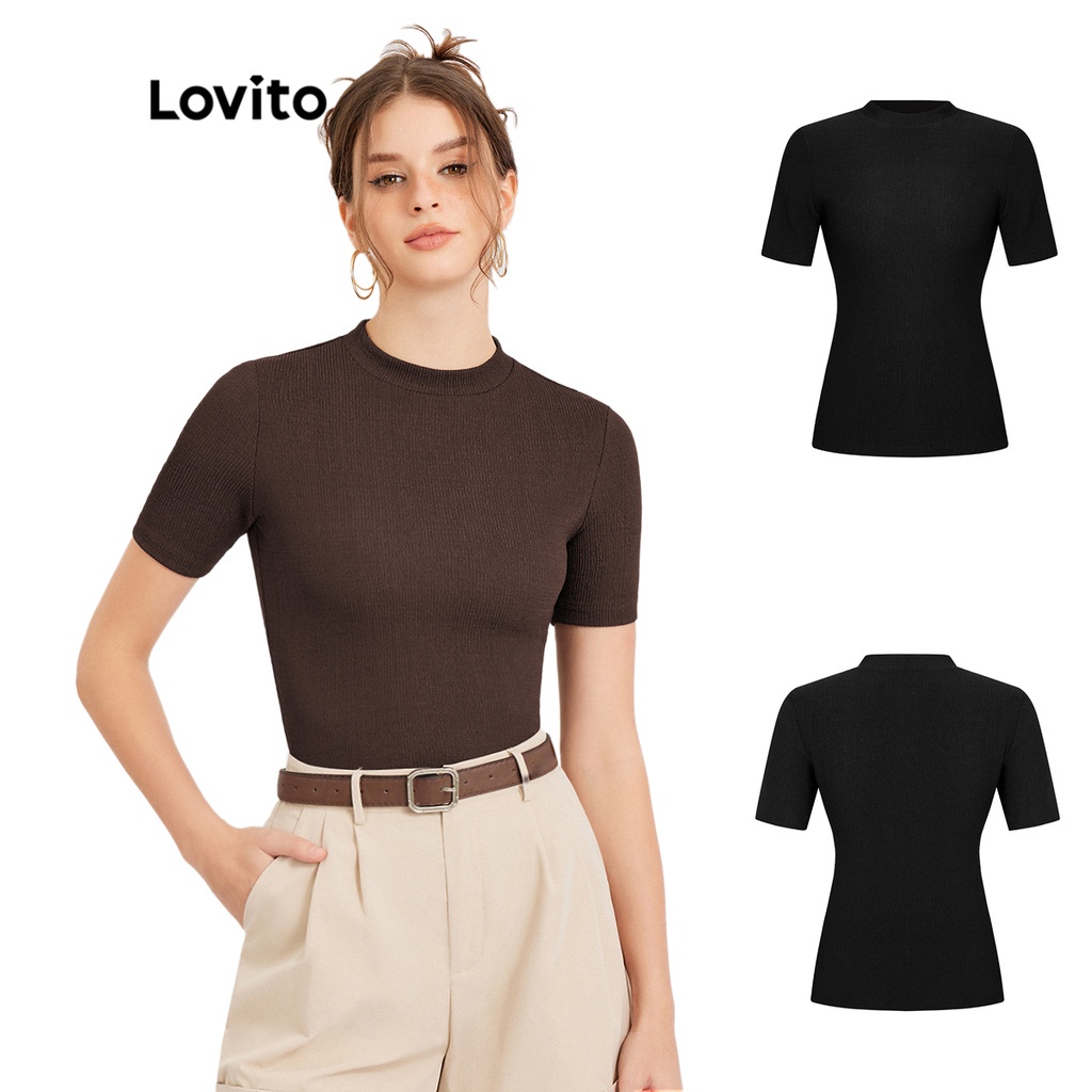 (Multicolors)Lovito Casual Plain Small Stand Collar TShirt For Women L30ED021 (Brown) Shopee