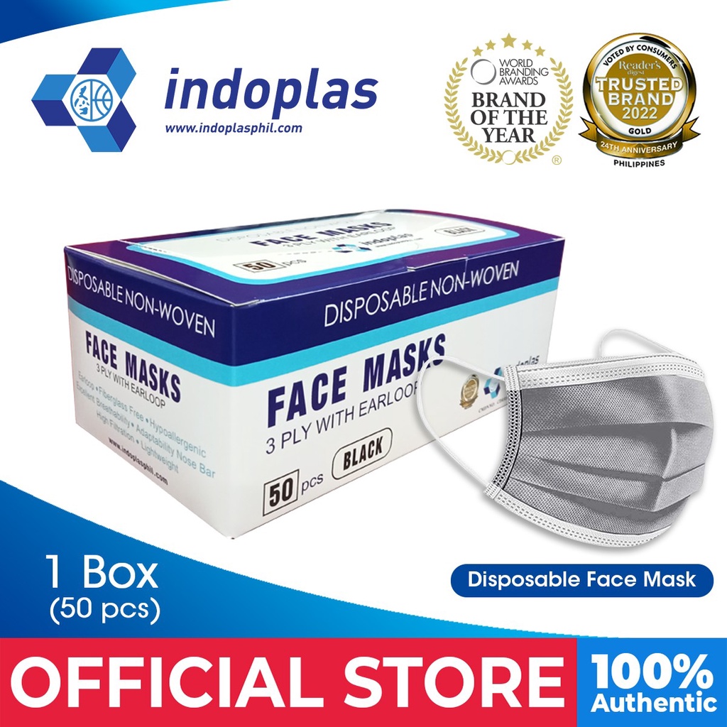 Indoplas Disposable Face Mask 3Ply Earloop Black 1 box (50 pcs