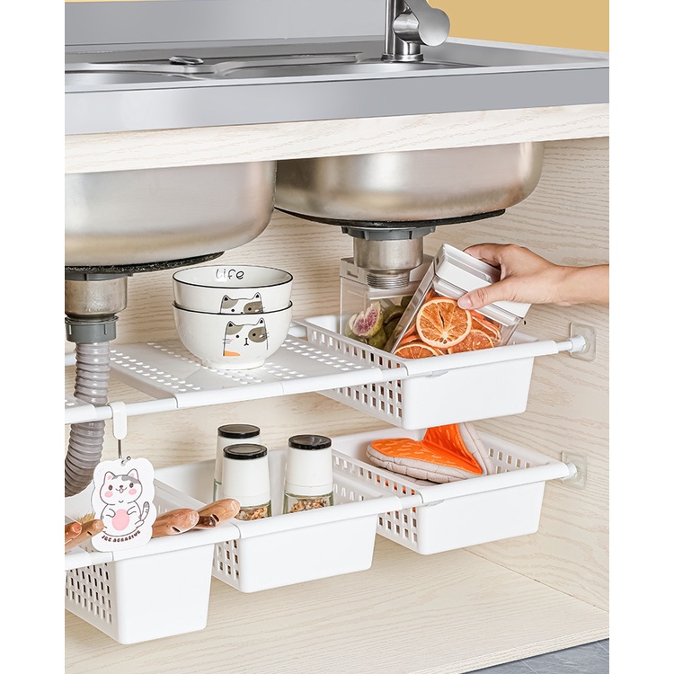 Extendable Rod Pole Rack Multi-functional Organizer Punch-free Under ...