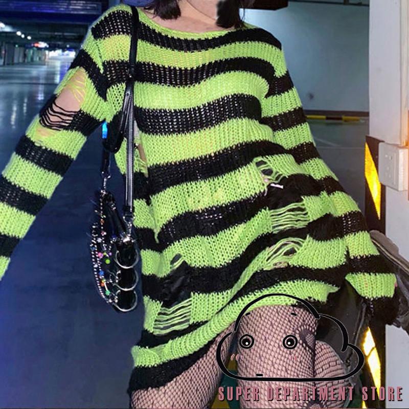 SUPER-Y2K Women Striped Oversized Sweater Pullovers Ripped Punk Gothic ...