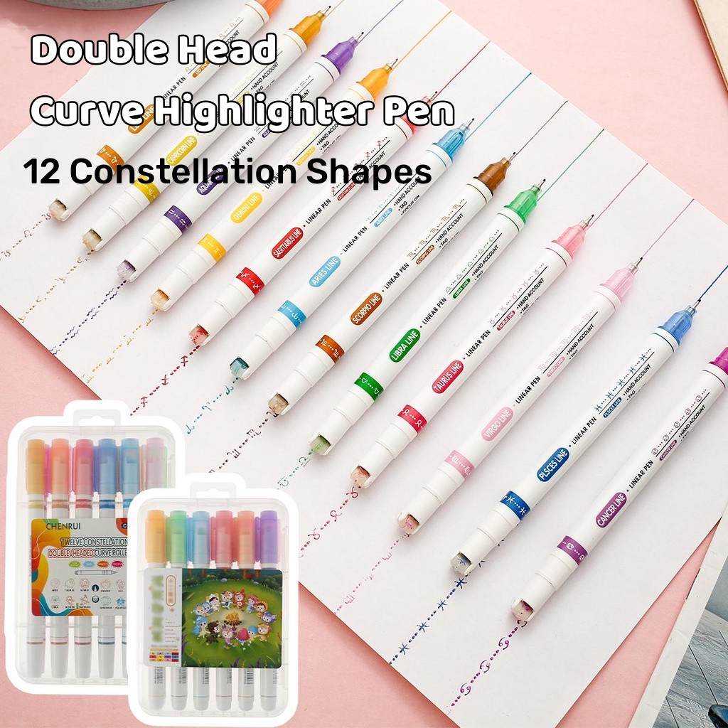 curve highlighter pen set double head curved pen outline curve pen marker  12 constellation/flower