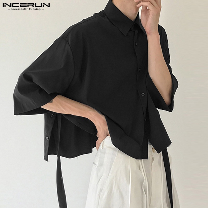INCERUN men's casual and fashionable short-sleeved shirt with ribbon ...