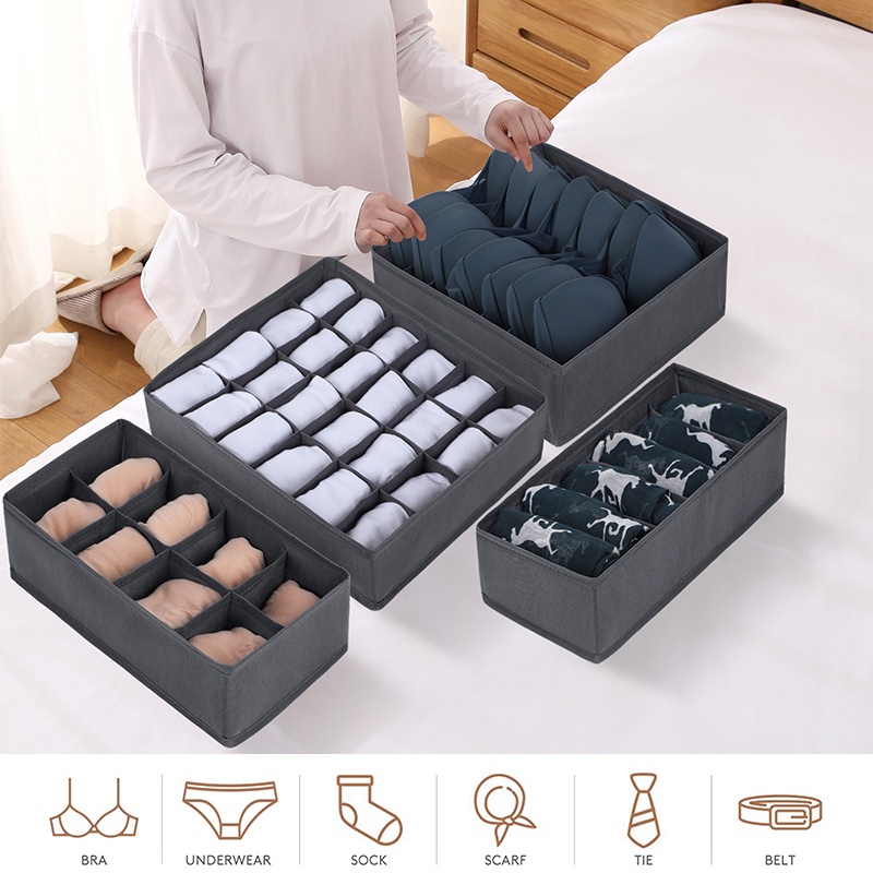 Onlyeasy Closet Underwear Organizer Drawer Divider, Set of 4 Foldable Cloth Storage Boxes Bins, Under Bed Organizer for Bras Socks Panties Ties, Linen-Like Black, MXASS4P