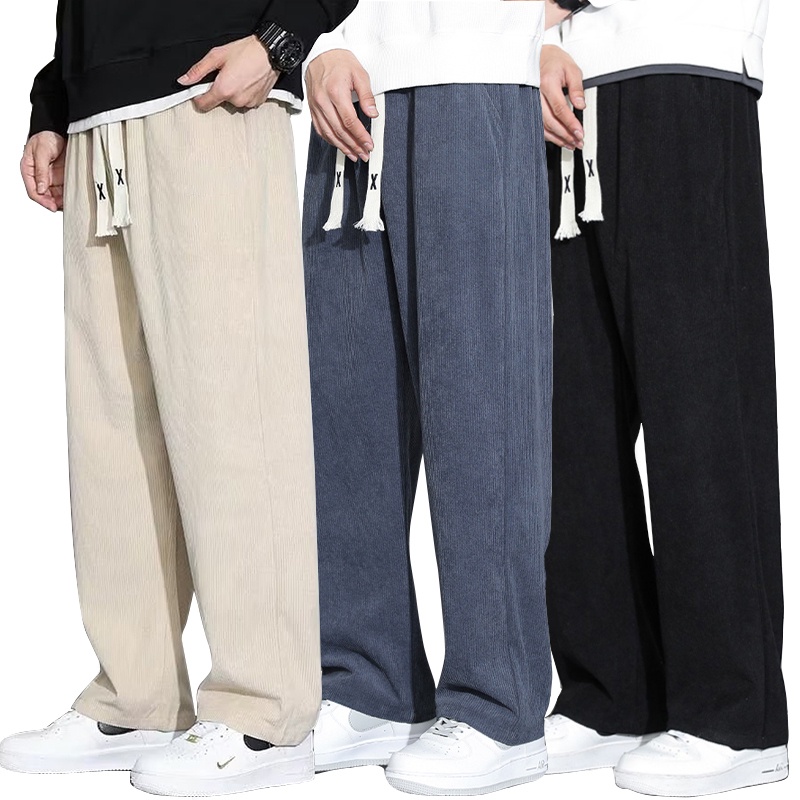 【M-3XL】Korean Style Corduroy Baggy Pants For Men Drawstring Tag Long ...