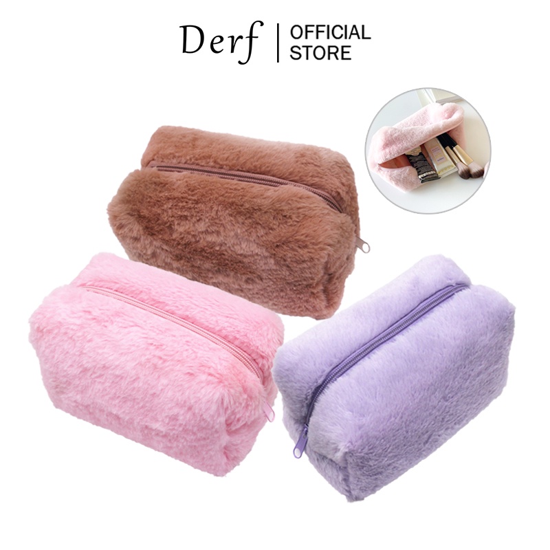 Derf Cosmetic Bag Macaron Color Soft Fabric Plush Pencil Case Large ...