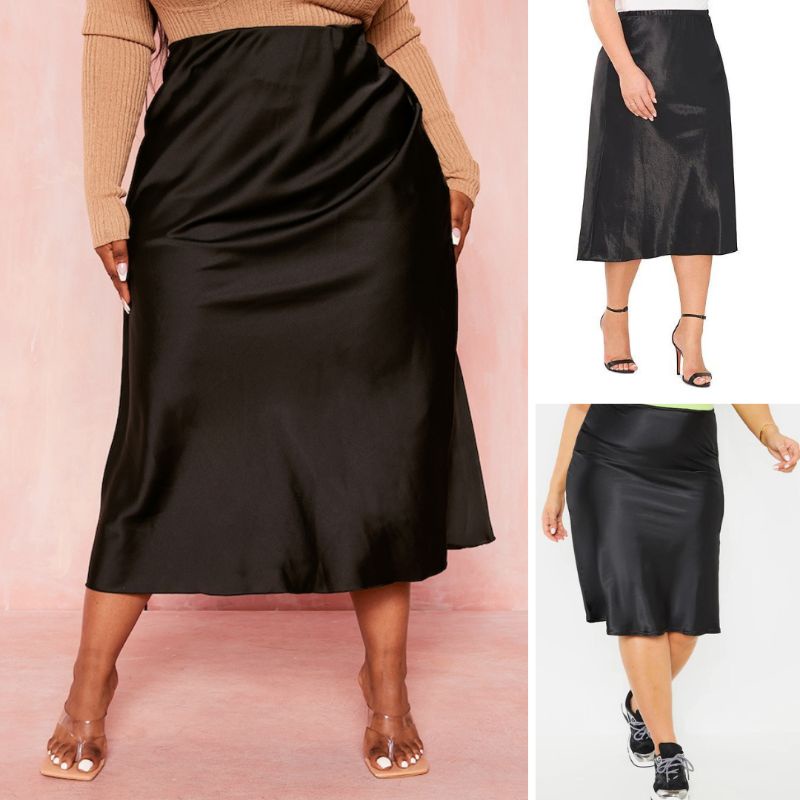 PLUS SIZE Satin Midi Skirt High Waist Silk Skirt for Large Women Garter Back Skirt No Lining