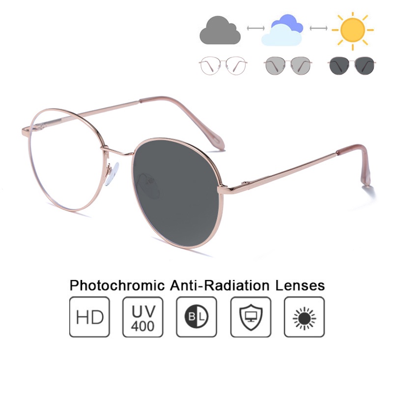 Round Photochromic Anti Radiation Eyeglasses Women Men Metal Frame