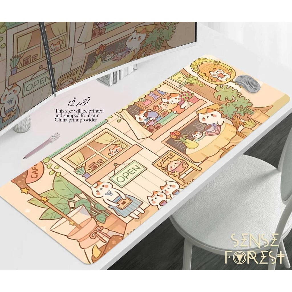 Kawaii Cat Cafe XXL Desk Mat, pastel aesthetic cute kitty coffee shop