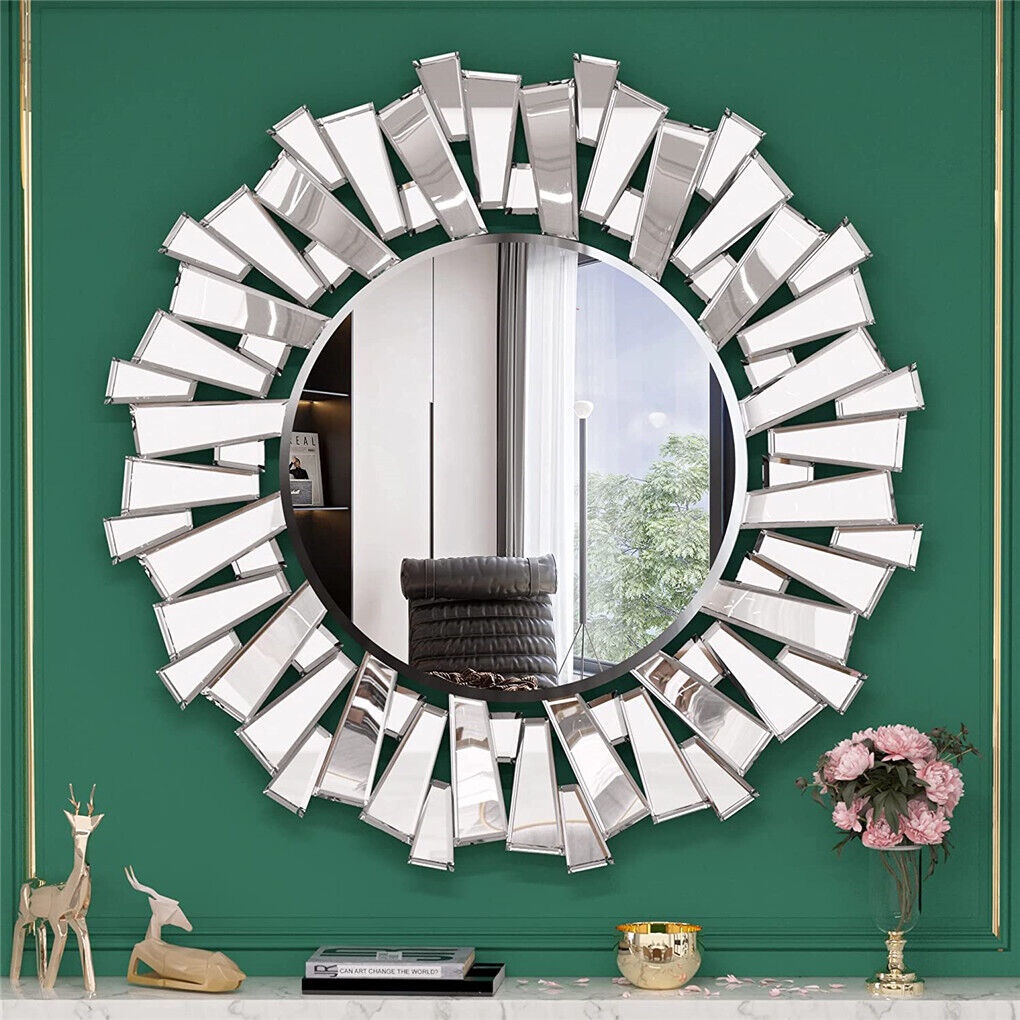 Large Round Wall Mirror Bevelled Decorative 3D Mirrored Glass Effect ...