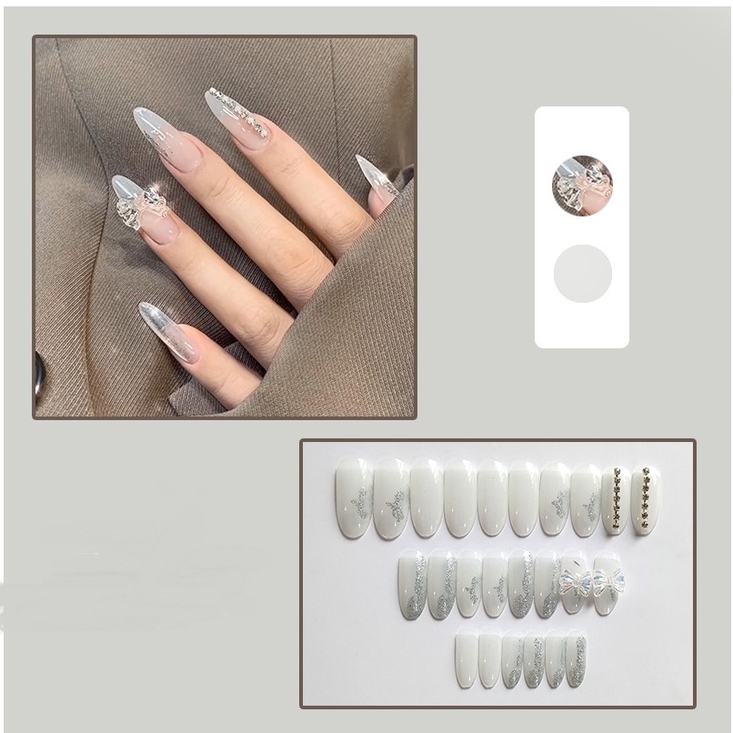 24 Pcs Long Fake Nails Set With Glue French Nail Diy Design Decorative