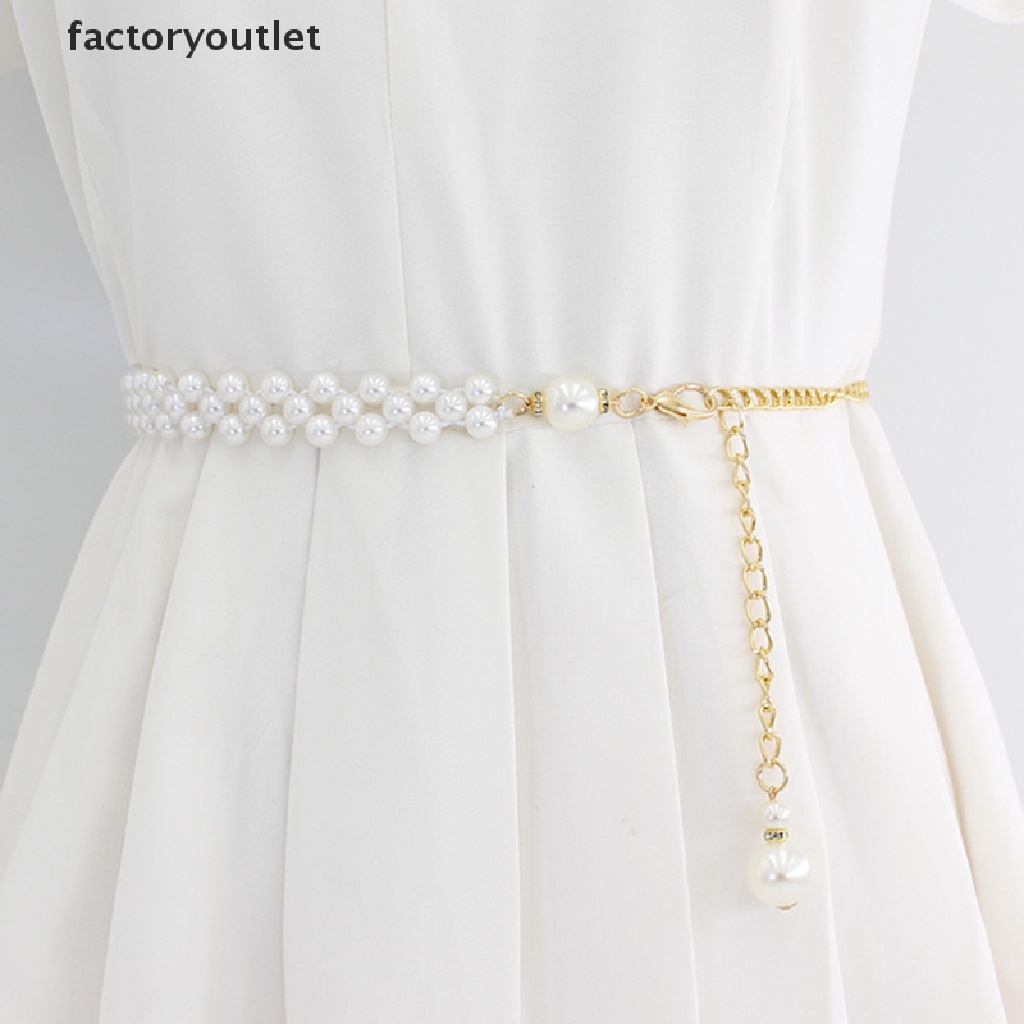 FCPH Women Elegant Pearl Chain Belt Thin Waist Gold Metal Belts For