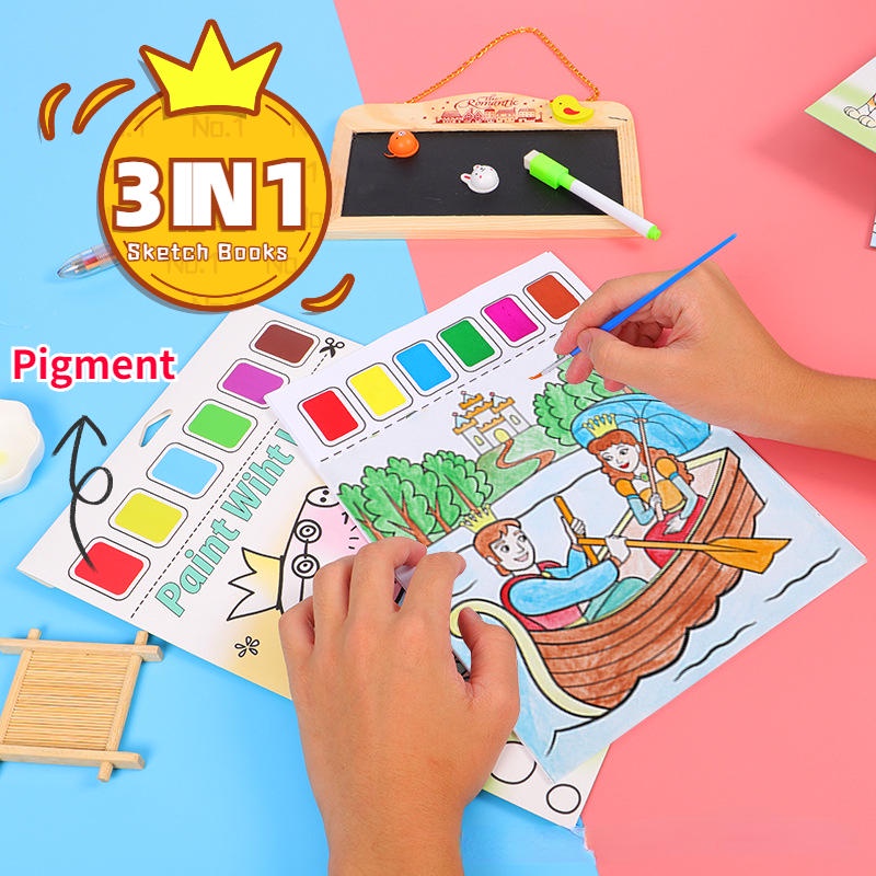 3 IN 1】DIY Kids Water Color Painting Set Cartoon Drawing Kit Sketch Books  with Pigment/pen for Beginner