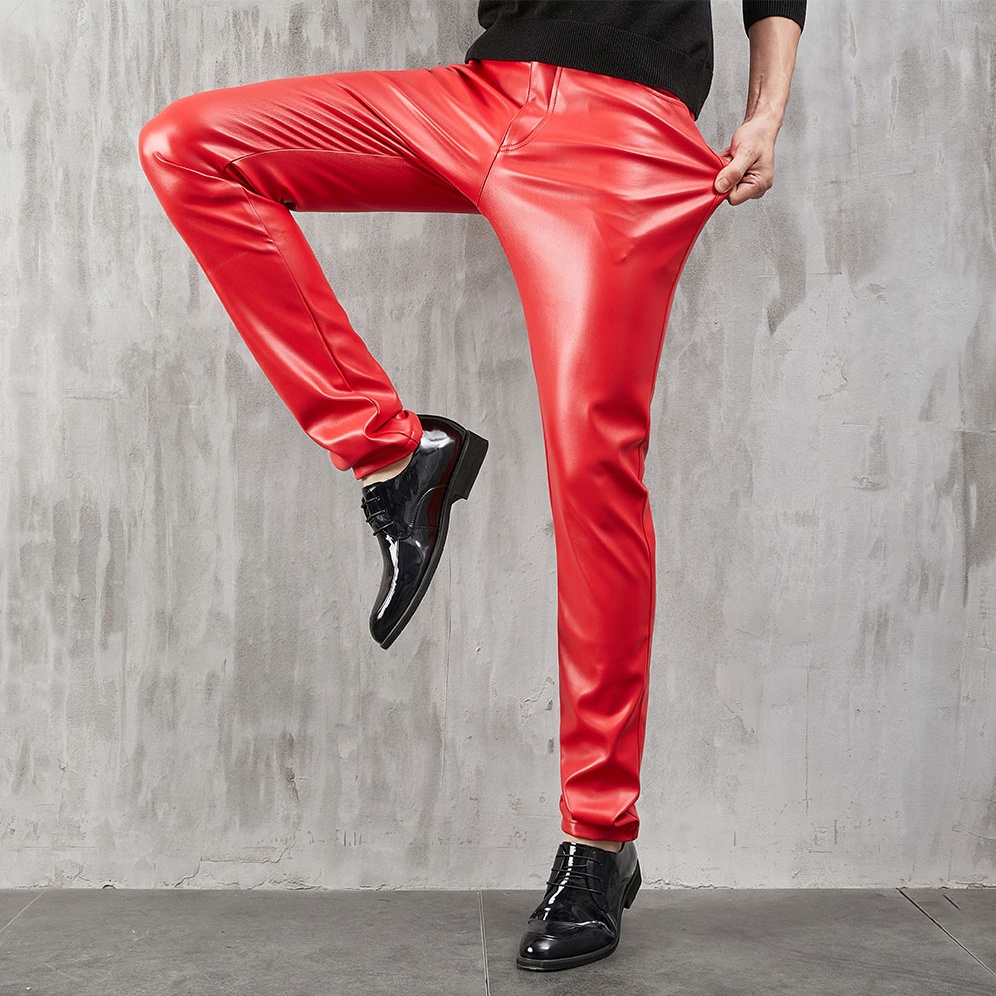 Thoshine Brand Men Leather Pants Skinny Fit Stretch Fashion PU Leather