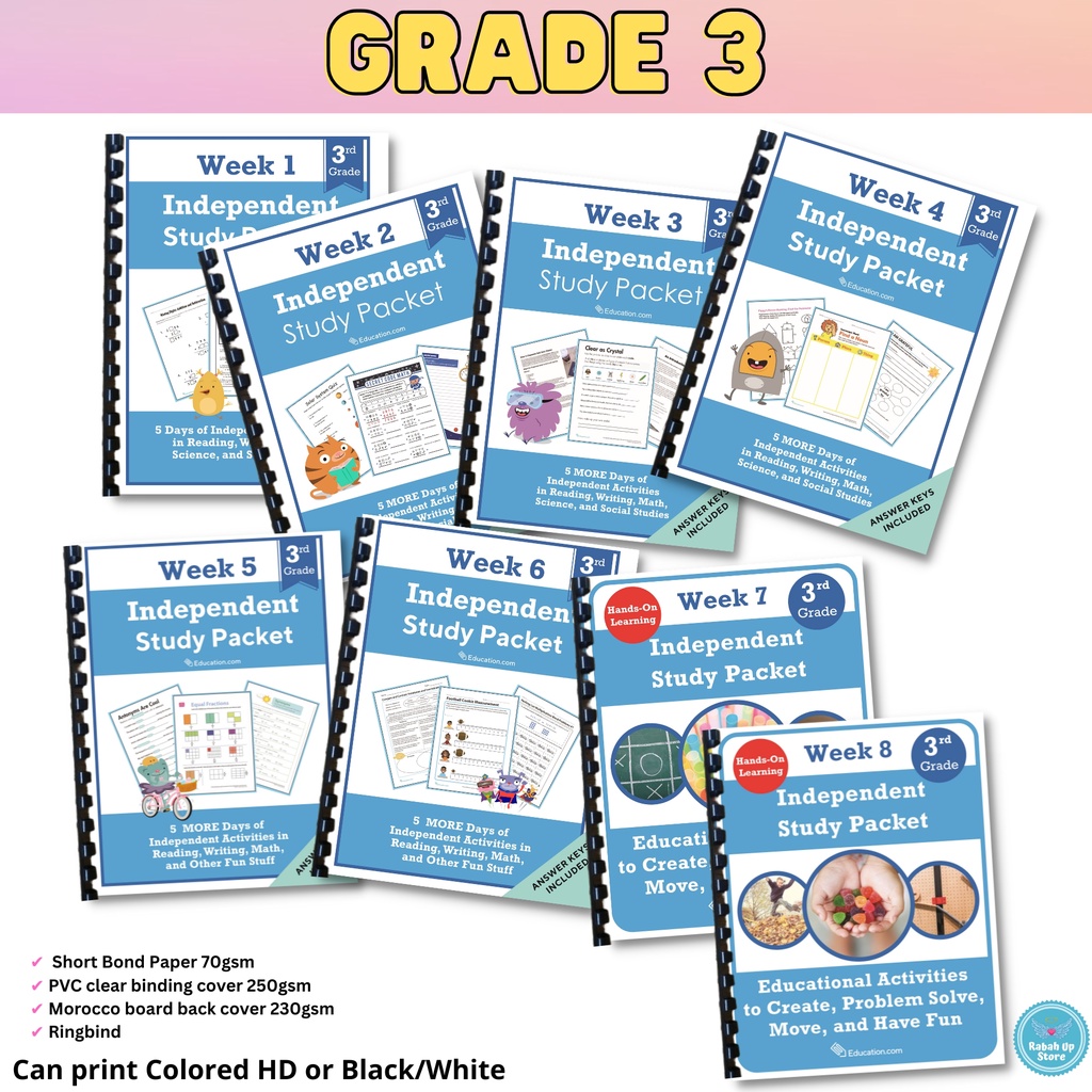 GRADE 3 Independent Study Pack Worksheet/Workbook HomeSchool Learning