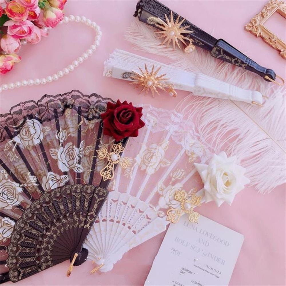 Lolita Gothic Fan Victorian Female Lace Hand Vintage Fan Black Rose Red ...