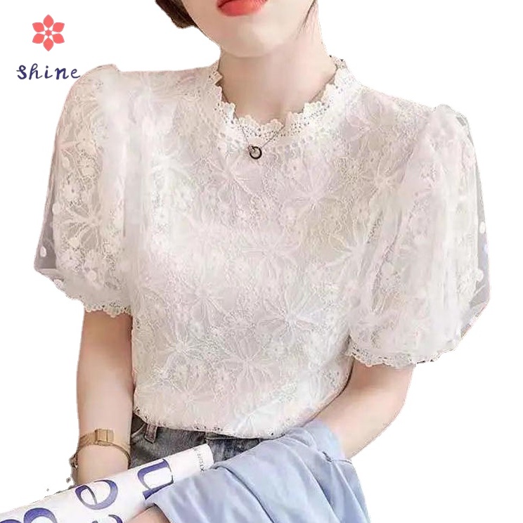 Lace Puff Sleeve Blouse Tops Women Korean Style Short-sleeve Shirt ...