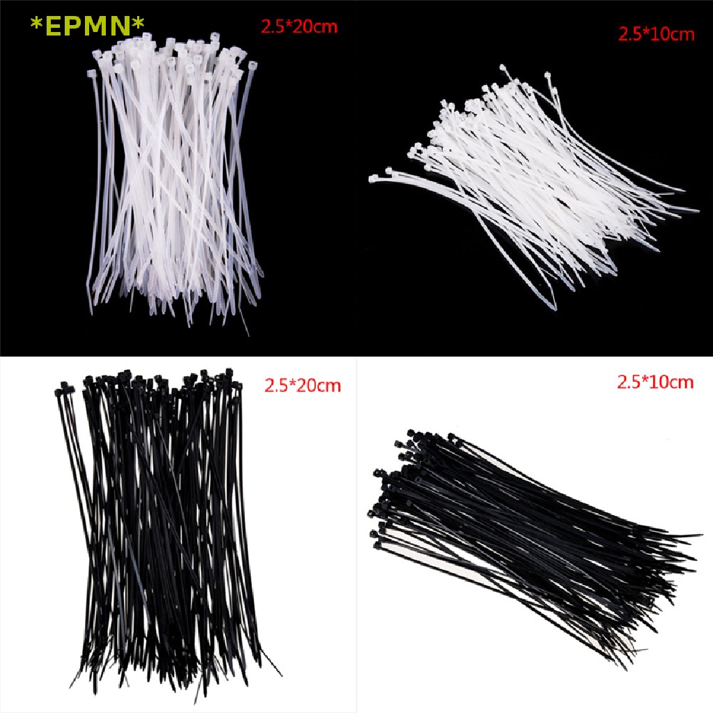 EPMN> 100pcs Fasten White Black Cable Wire Zip Ties Self Locking Nylon